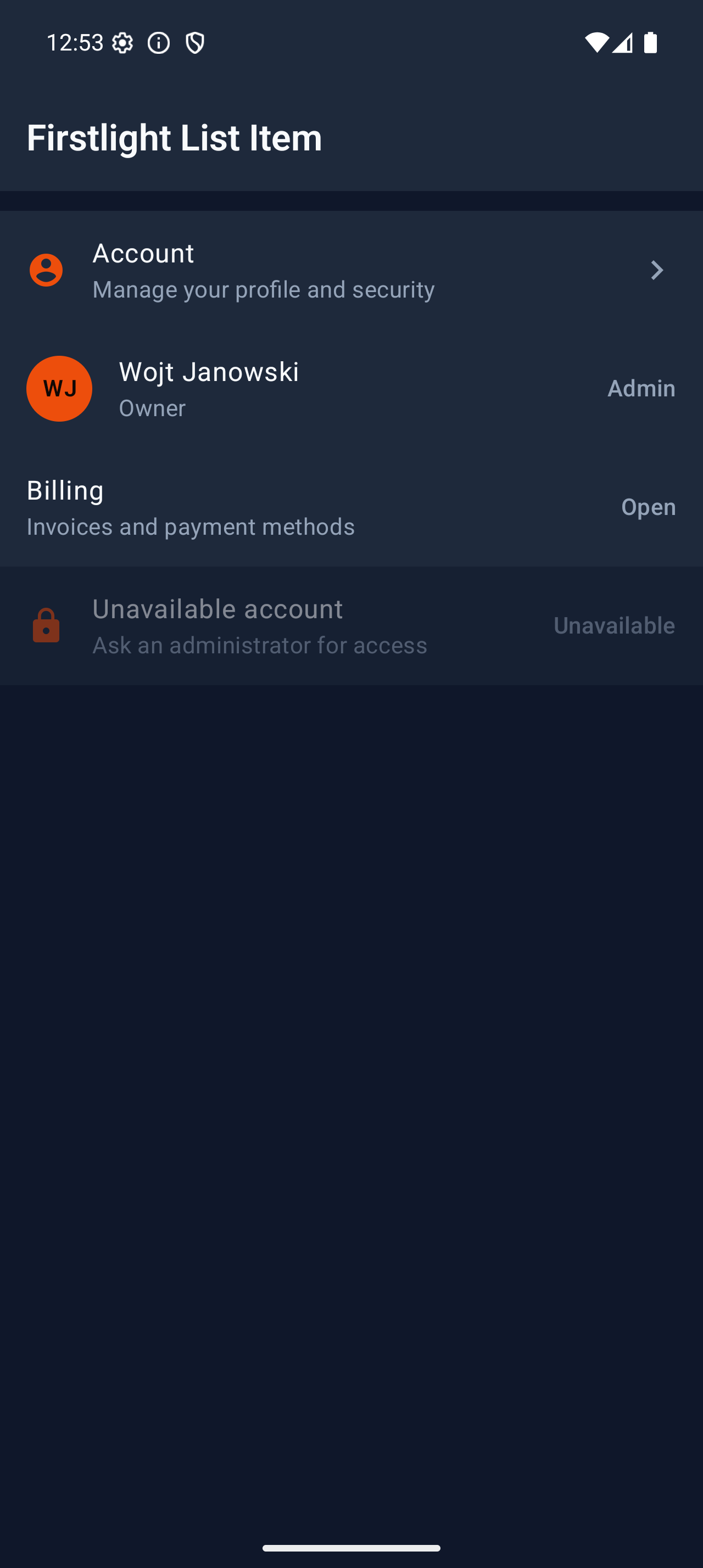 Firstlight List Item rendered on Android in dark mode