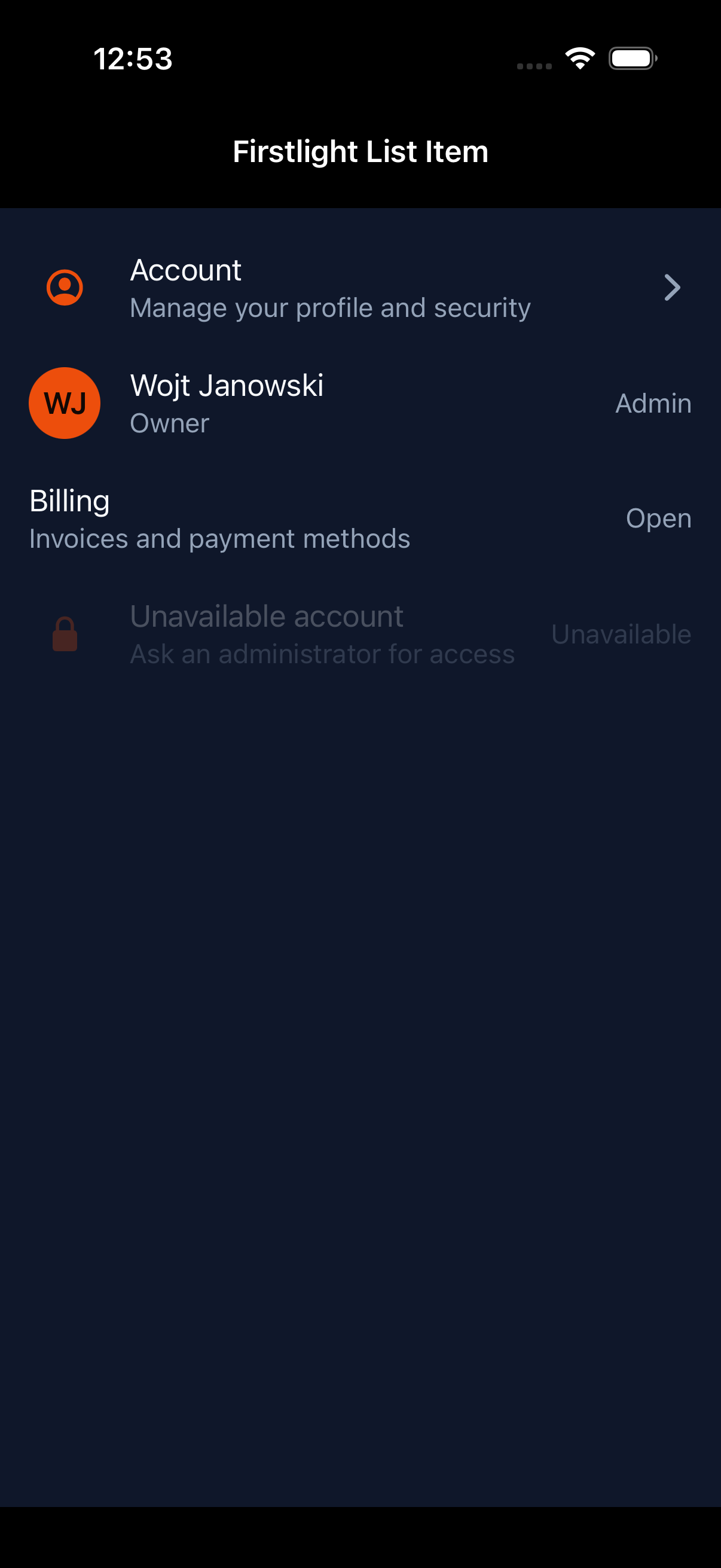 Firstlight List Item rendered on iOS in dark mode