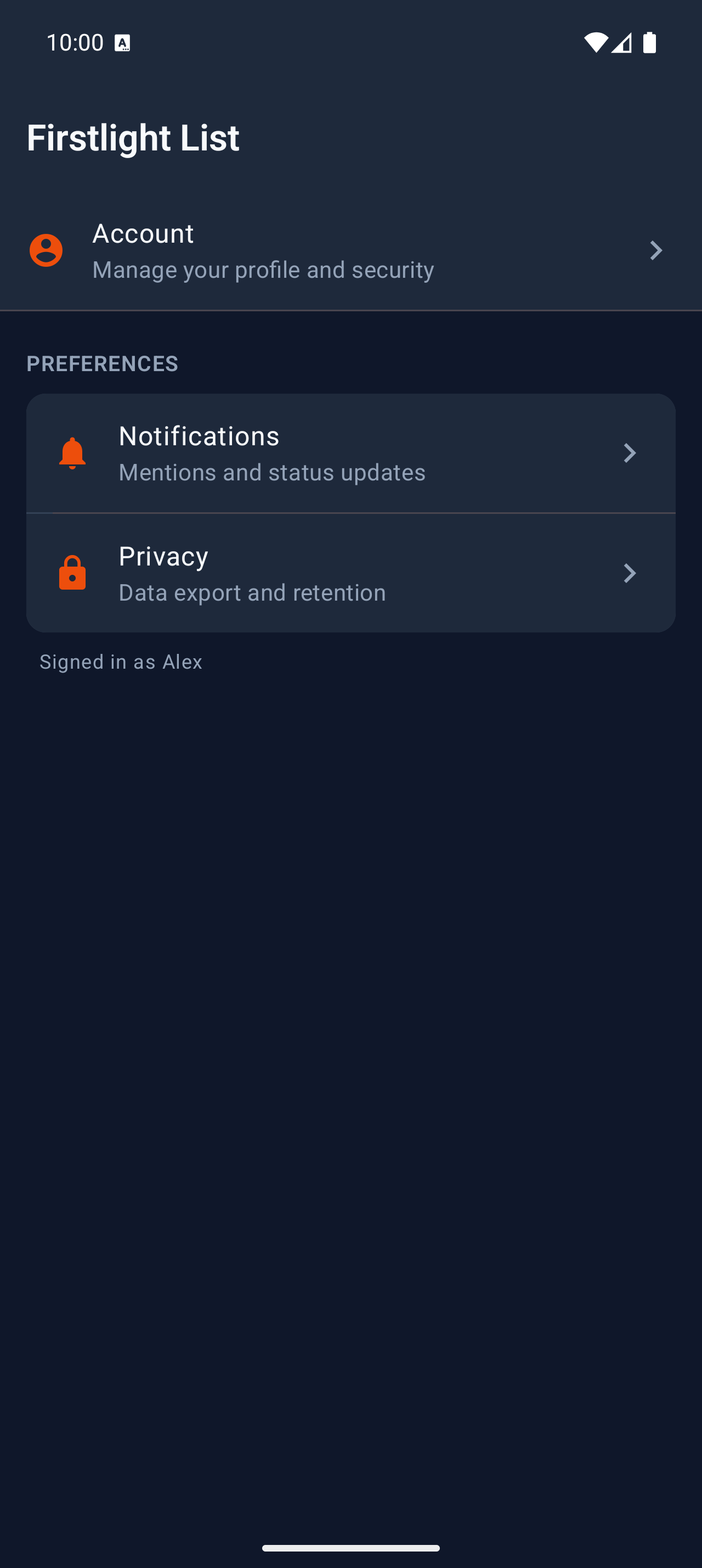 Firstlight List Section rendered on Android in dark mode