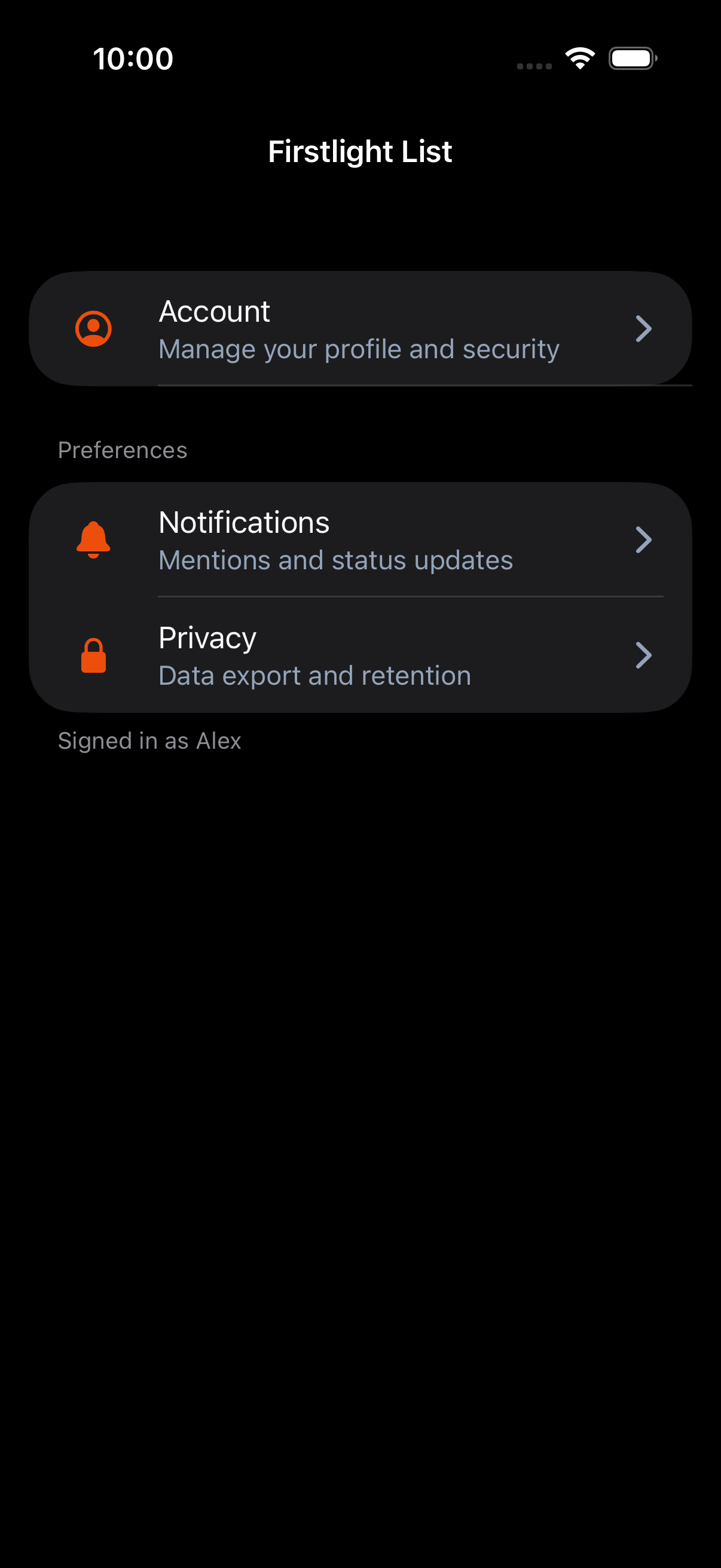 Firstlight List rendered on iOS in dark mode