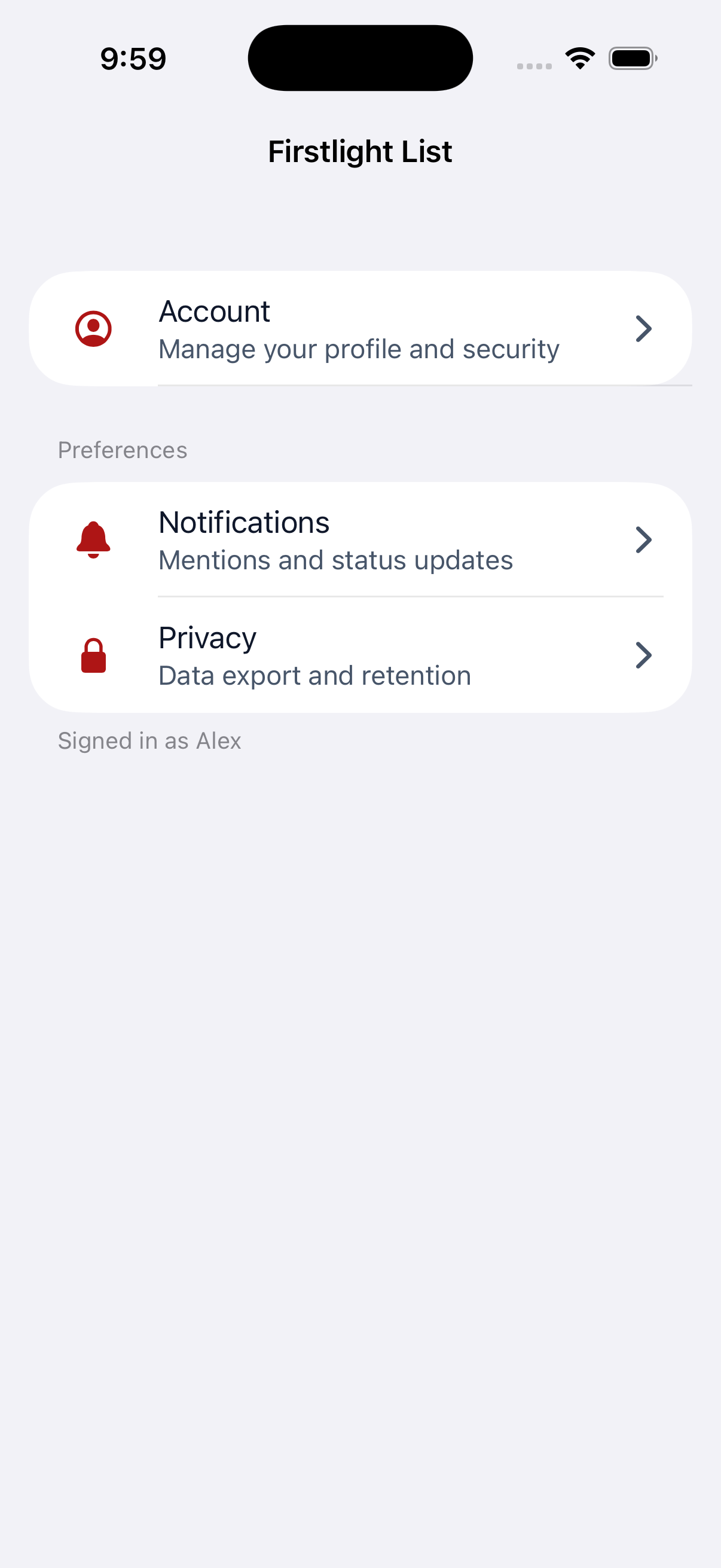 Firstlight List rendered on iOS