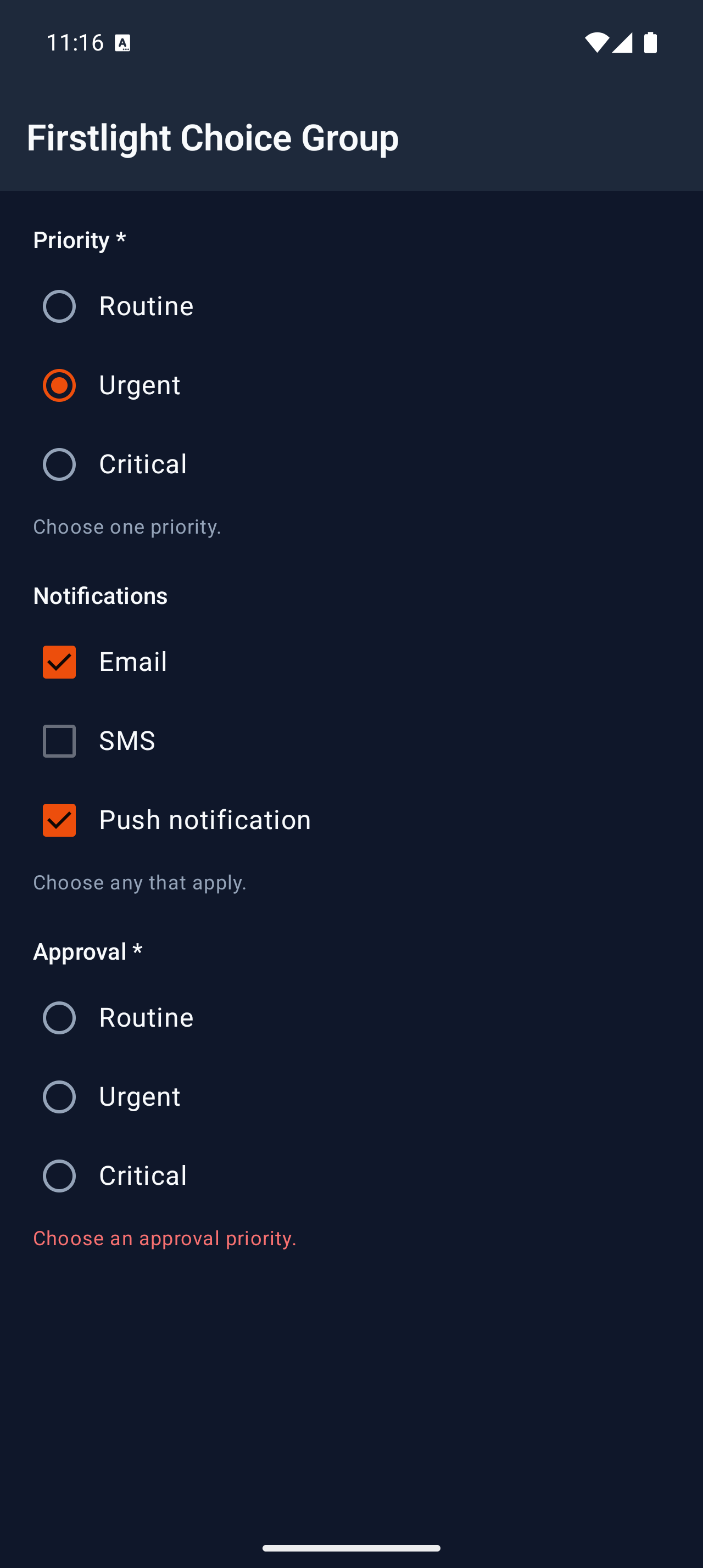 Choice Group on Android in dark mode