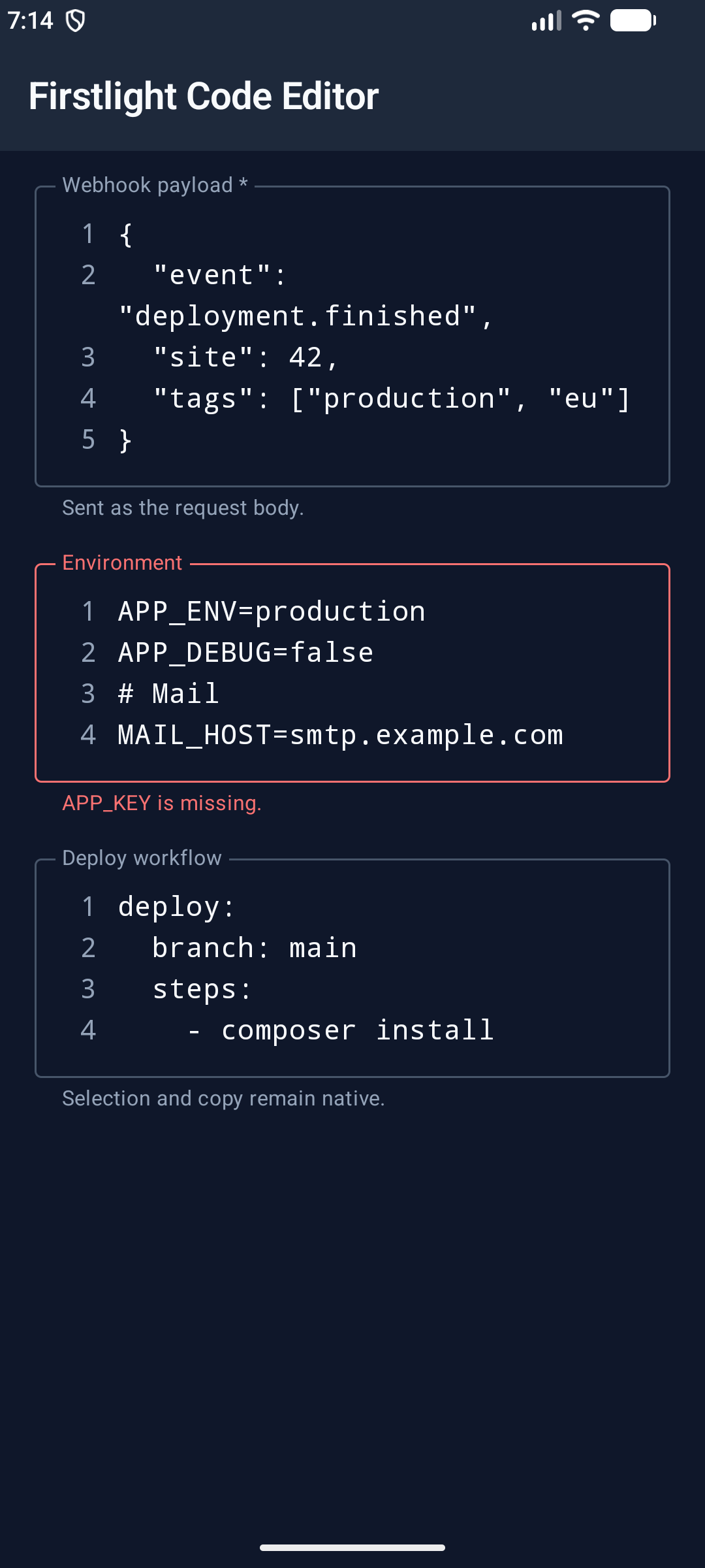 Code Editor on Android in dark mode