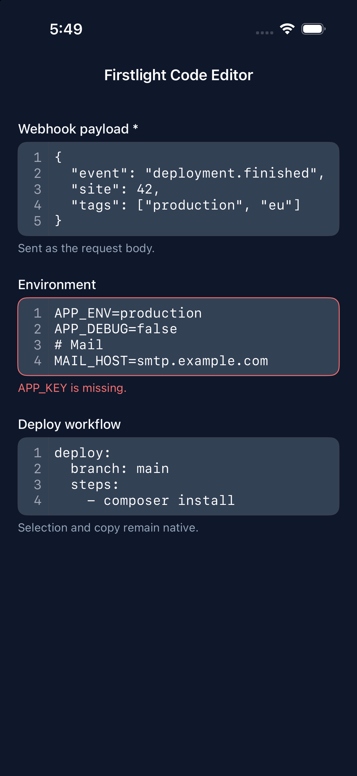 Code Editor on iOS in dark mode