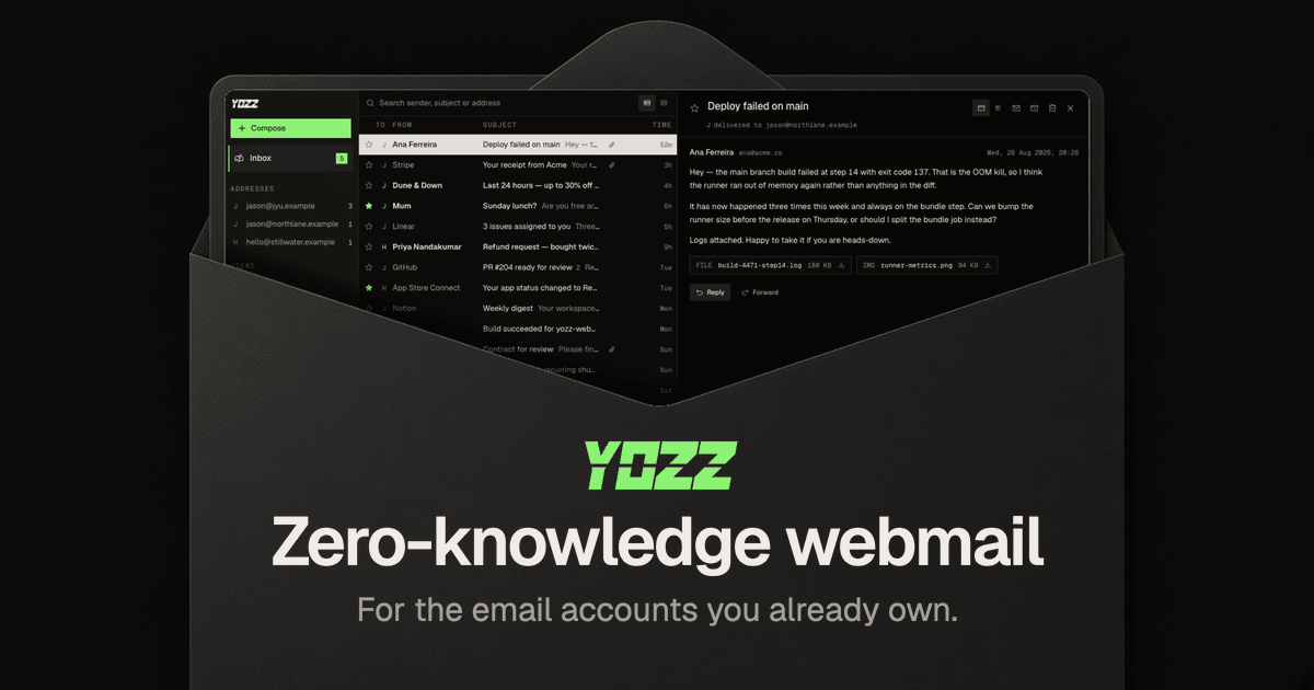 YOZZ: Zero-knowledge webmail for the email accounts you already own