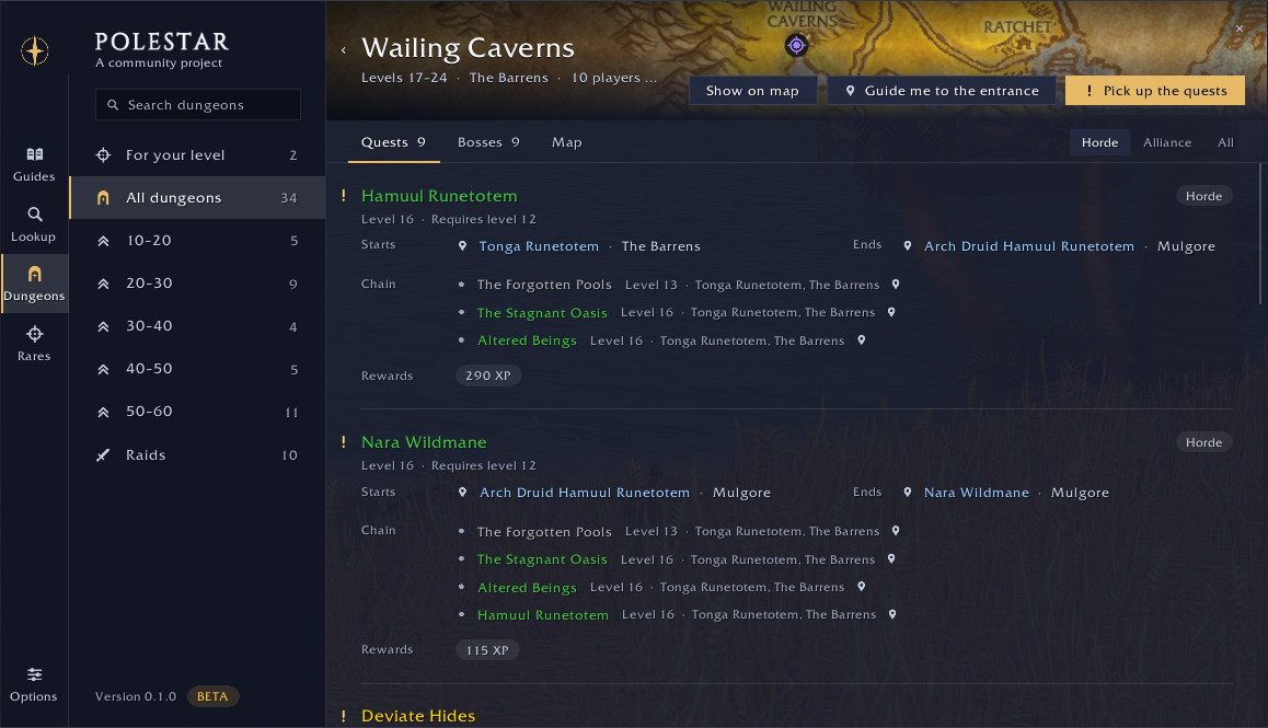 The Wailing Caverns page: its quests with who starts and ends them, their chains, and a Pick up the quests button