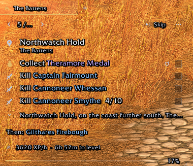 The guide window in transparent mode: no background, outlined text over the grass of the Barrens