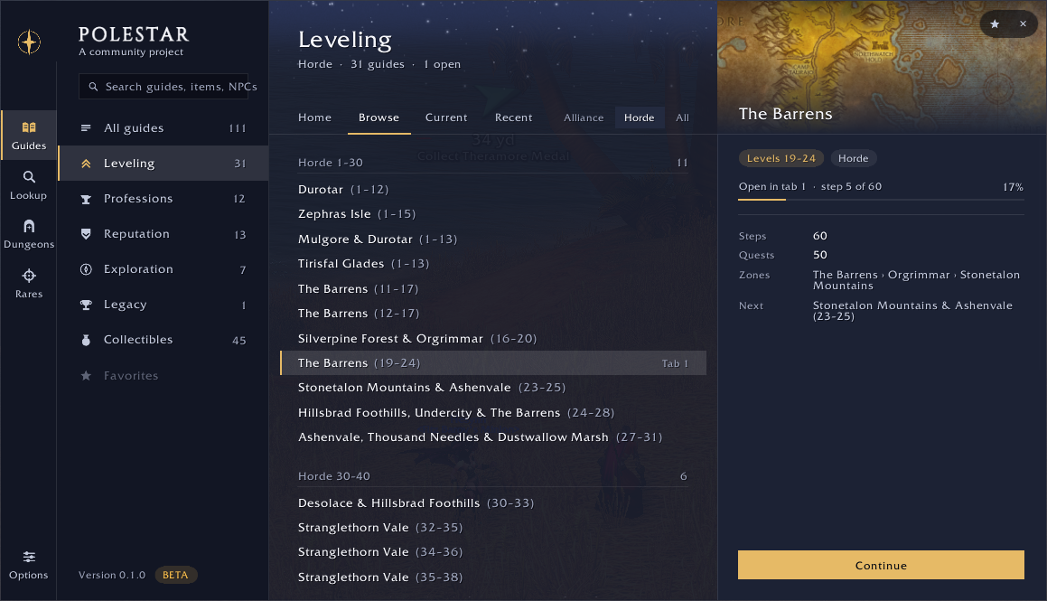 The Polestar hub on its Guides section, with the Horde leveling guides by level band and The Barrens (19-24) selected