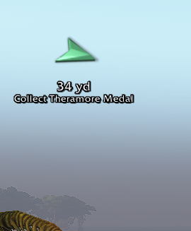 The 3D waypoint arrow over the sea: 34 yd, Collect Theramore Medal