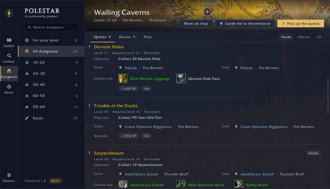 Wailing Caverns quests with their objectives and rewards: item choices with icons, experience and money