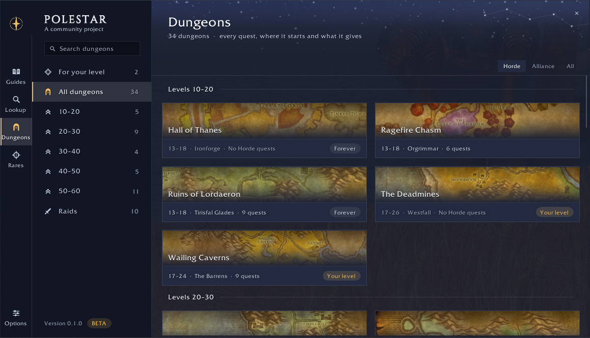 The Dungeons section: 34 dungeons by level band on painted cards, with their levels, zone, quest count and a Your level mark