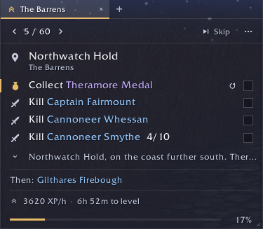 The guide window on step 5 of 60 of The Barrens: Northwatch Hold, collect the Theramore Medal, kill Captain Fairmount and two cannoneers with a 4/10 counter, then Gilthares Firebough, 3620 XP per hour and 6 h 52 m to level