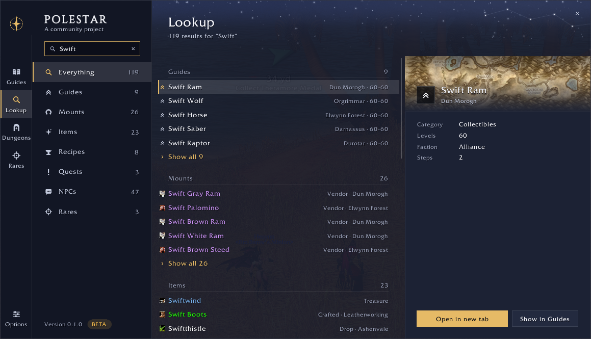 Lookup searching for Swift: 119 results across guides, mounts, items, recipes, quests, NPCs and rares, with the Swift Ram guide selected