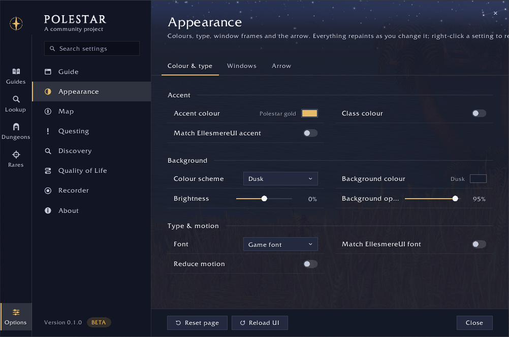 Options on the Appearance page: accent colour, class colour, colour scheme, background colour, brightness, background opacity, font set to Game font, and reduce motion