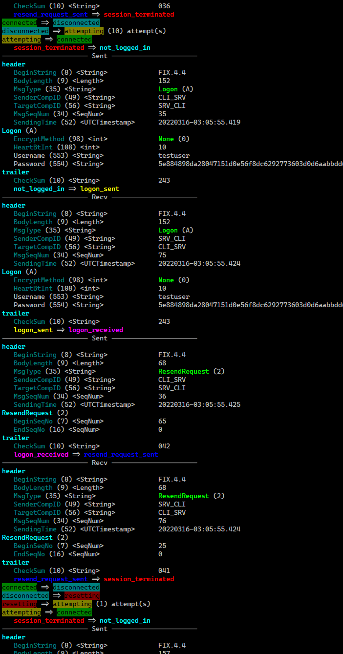 Shows a reliable client attempting to reconnect, finally performing an automatic sequence reset and successfully connecting