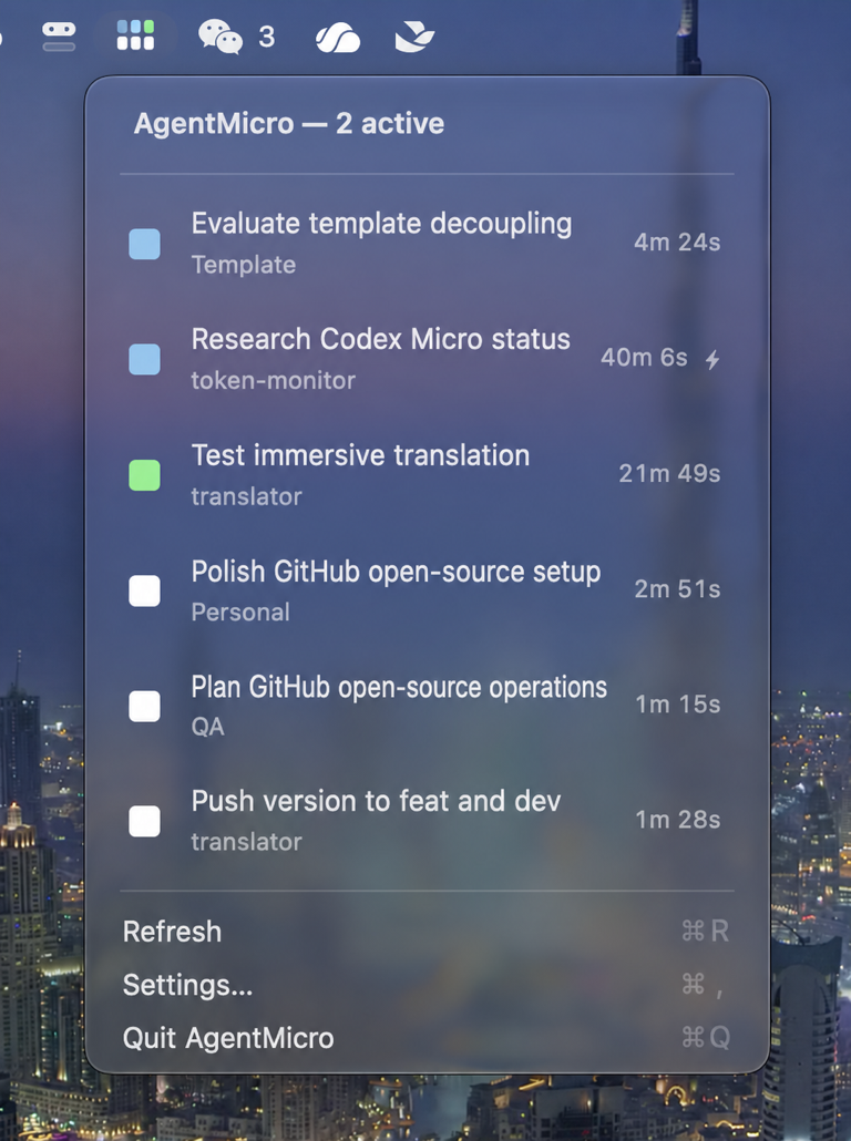 AgentMicro menu showing live Codex tasks, status colors, projects, durations, and fast mode