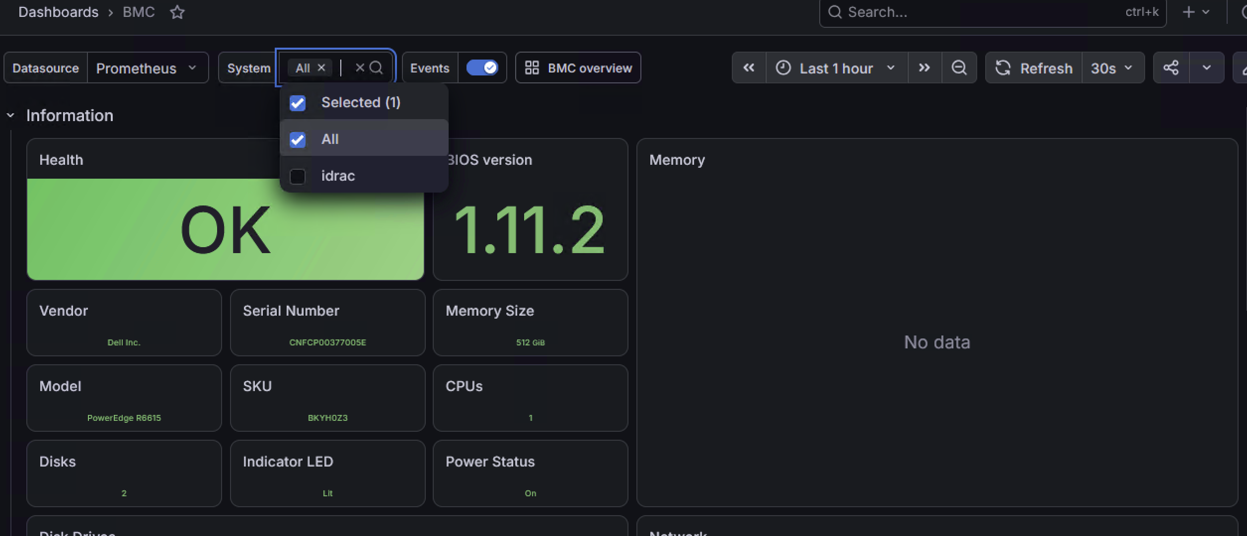 Per-machine detail dashboard system picker