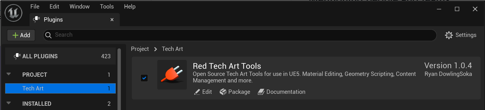 Image showing RedTechArtTools v1.0.4 being activated in the plugin window under the category Tech Art