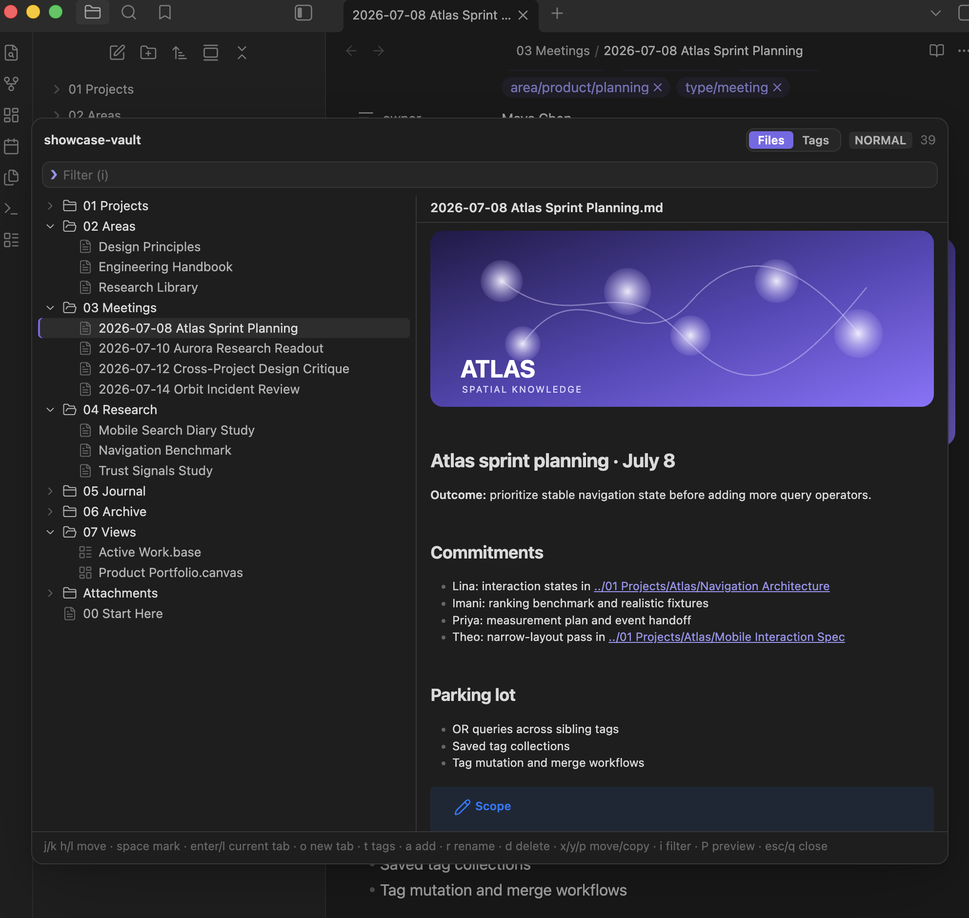 Drawer Explorer file lens with an expanded vault tree and rendered Markdown preview