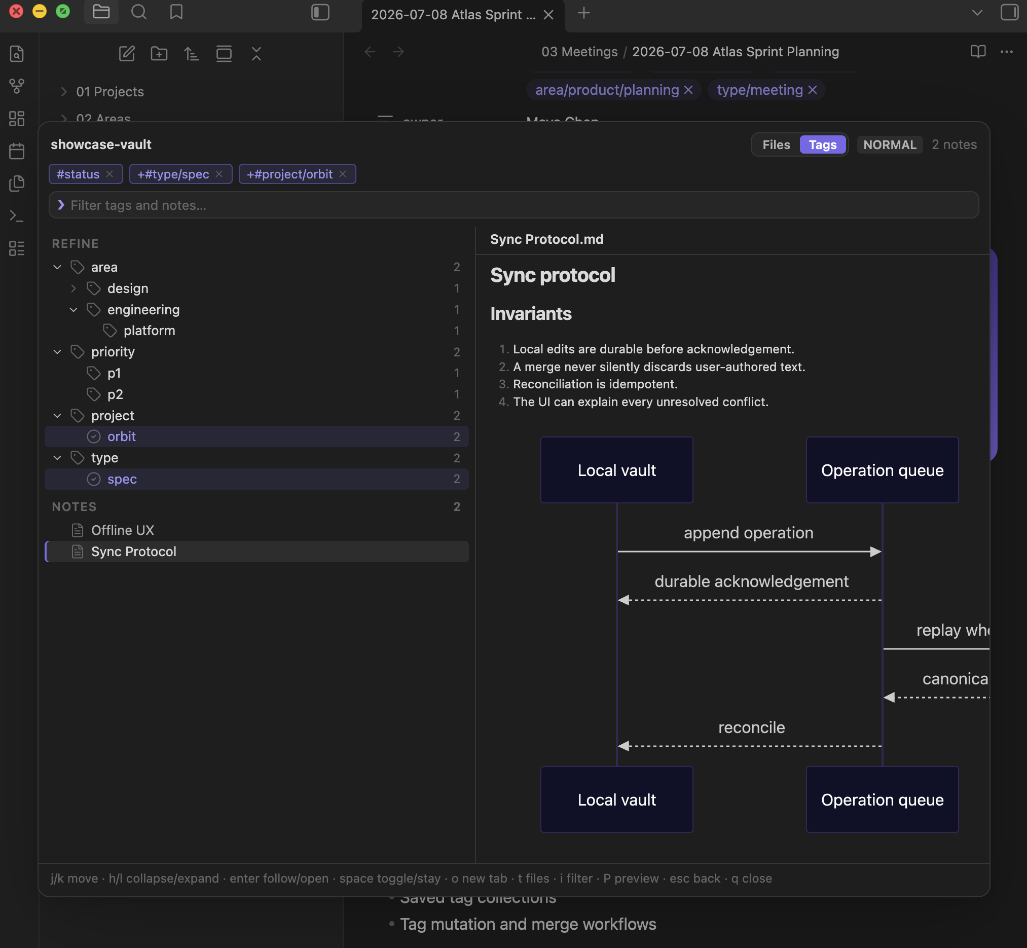 Drawer Explorer tag lens with hierarchical refinements, matching notes, and a rendered Mermaid preview