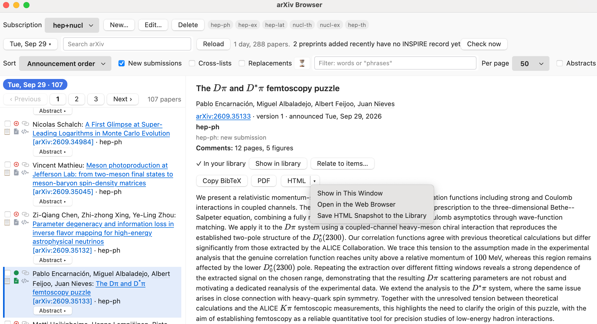 arXiv browser window: subscription, category chips, day and search boxes, the list of papers and the detail pane with the HTML menu open