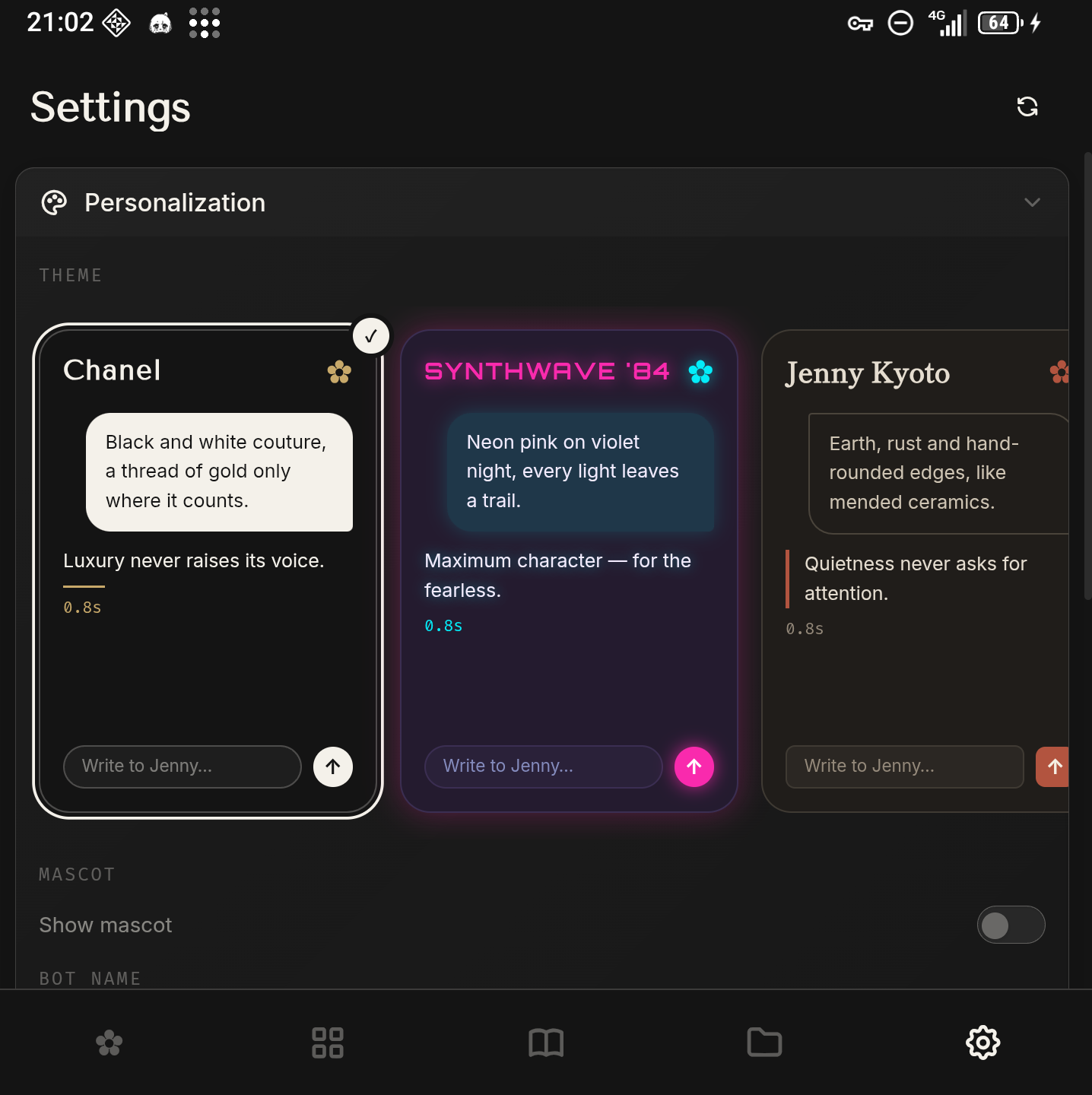 Theme picker with live previews of the built-in themes