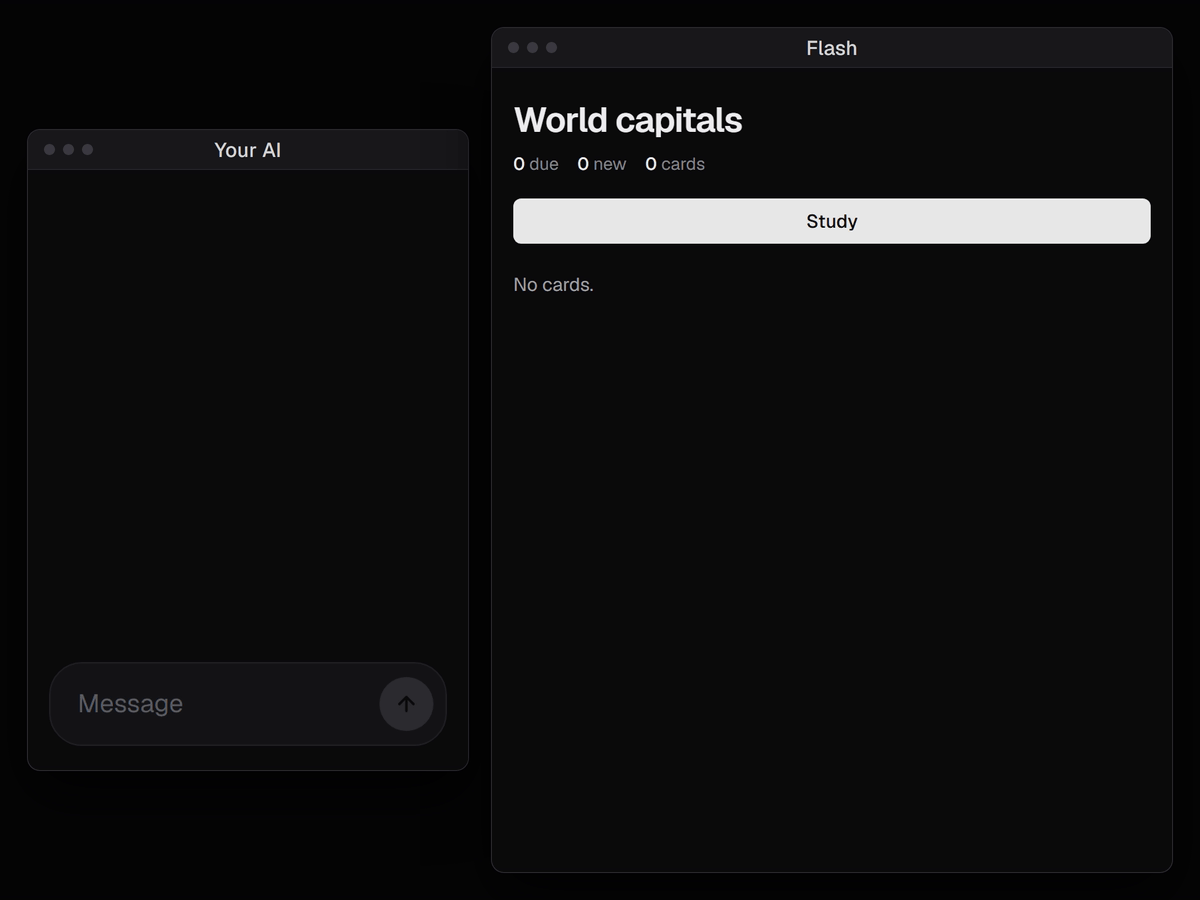 An AI chat adds eight cards to a World capitals deck in Flash, then one card is studied: Show answer, then Good