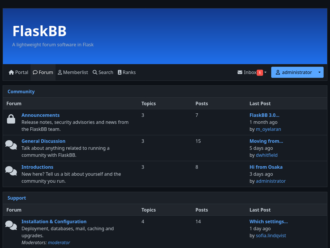 FlaskBB forum index with the Aurora theme