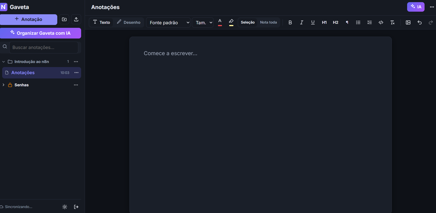 Editor do NoteTron com a Gaveta, pastas e uma pasta protegida por senha