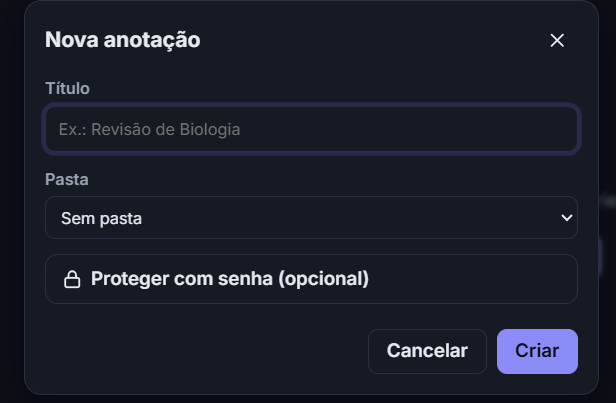 Criação de anotação com pasta e senha opcional