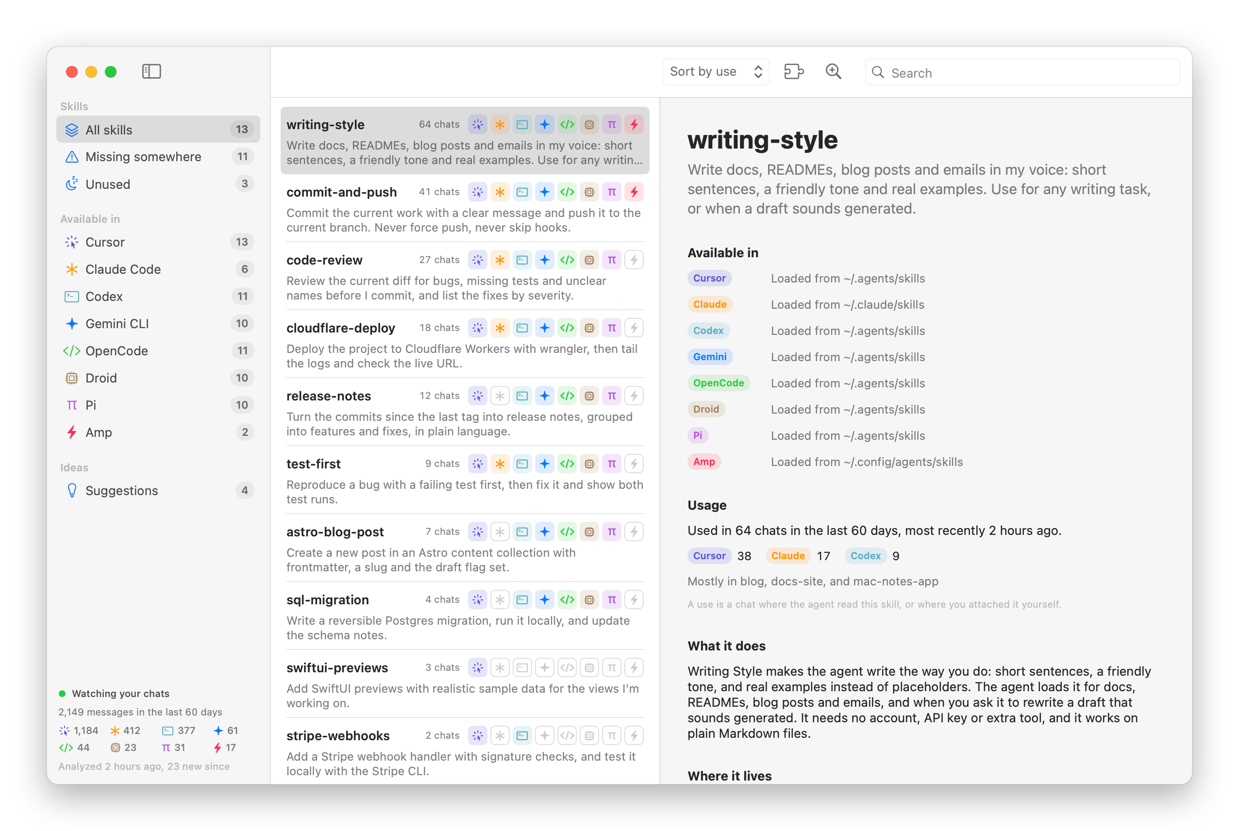 The Skillscout window with the writing-style skill selected, showing the agents that load it and its usage