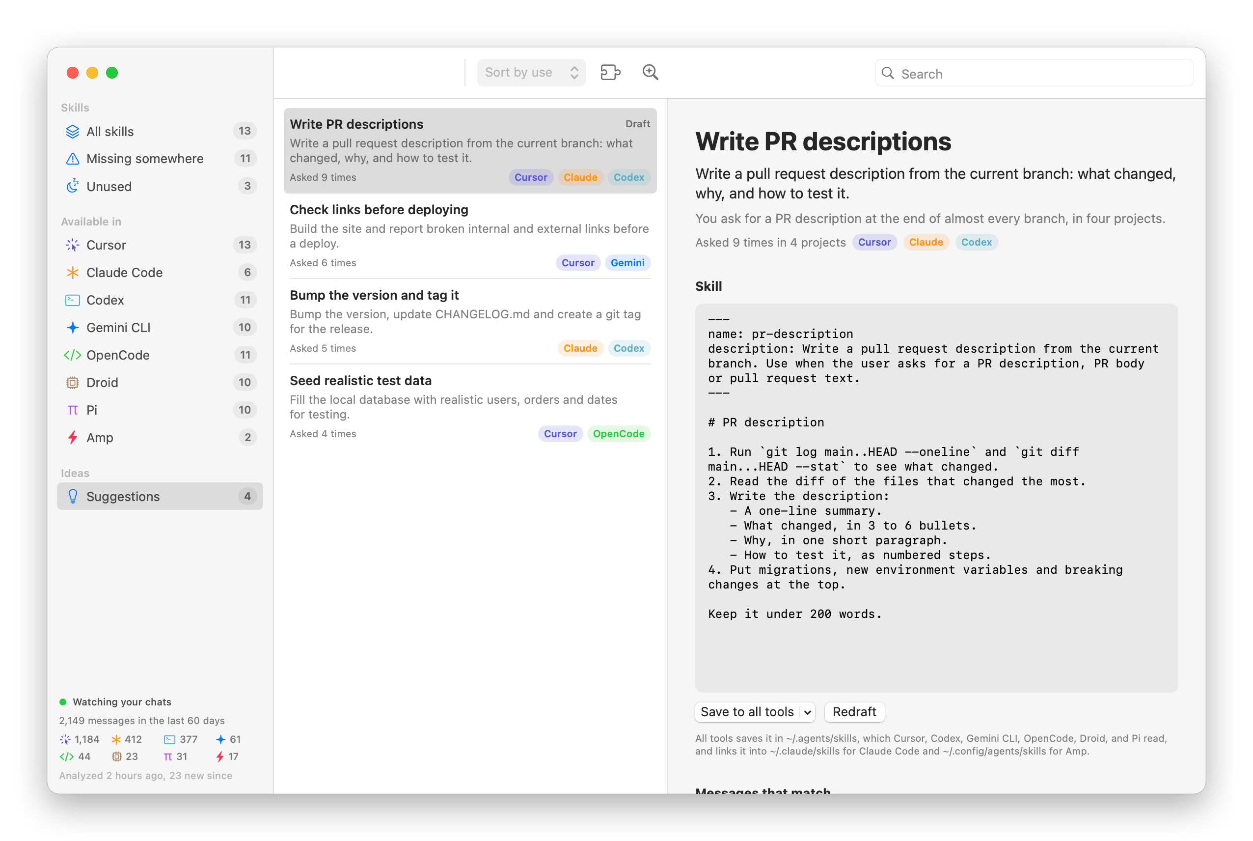 The Suggestions view with a drafted SKILL.md for writing pull request descriptions