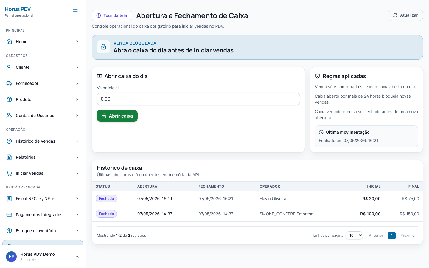 Abertura e fechamento de caixa no Hórus PDV