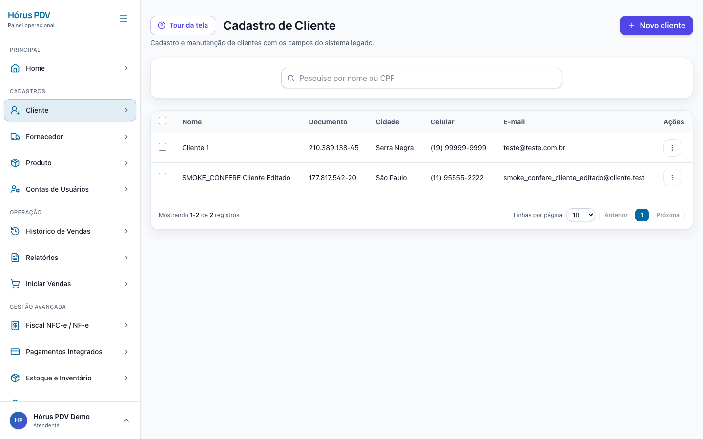 Cadastro de clientes no Hórus PDV