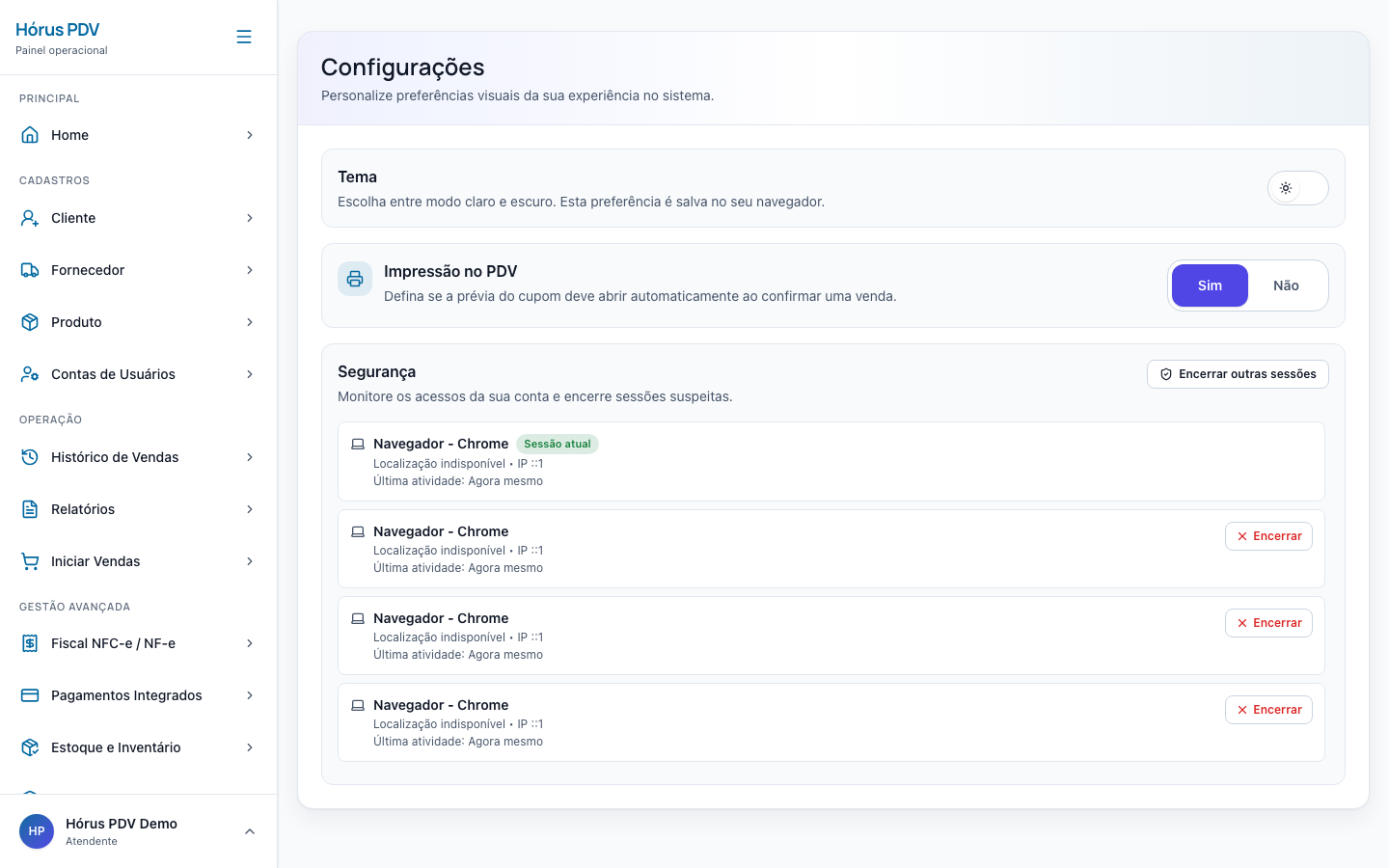 Configurações do Hórus PDV