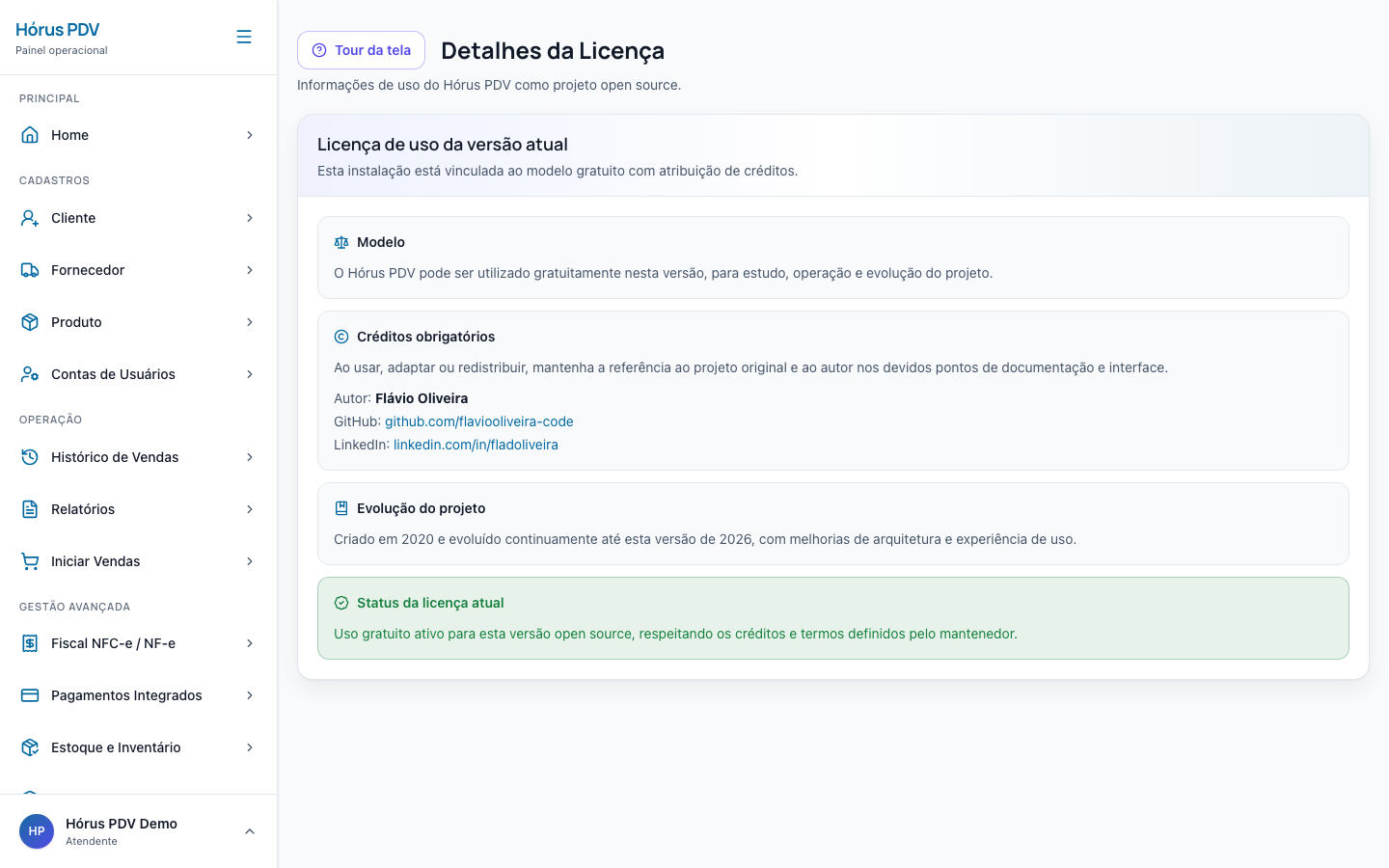 Detalhes da licença do Hórus PDV