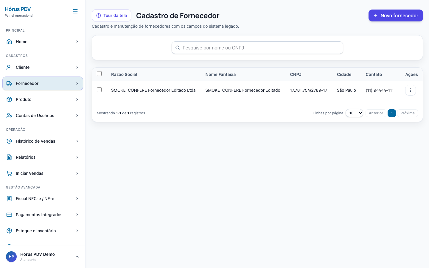 Cadastro de fornecedores no Hórus PDV