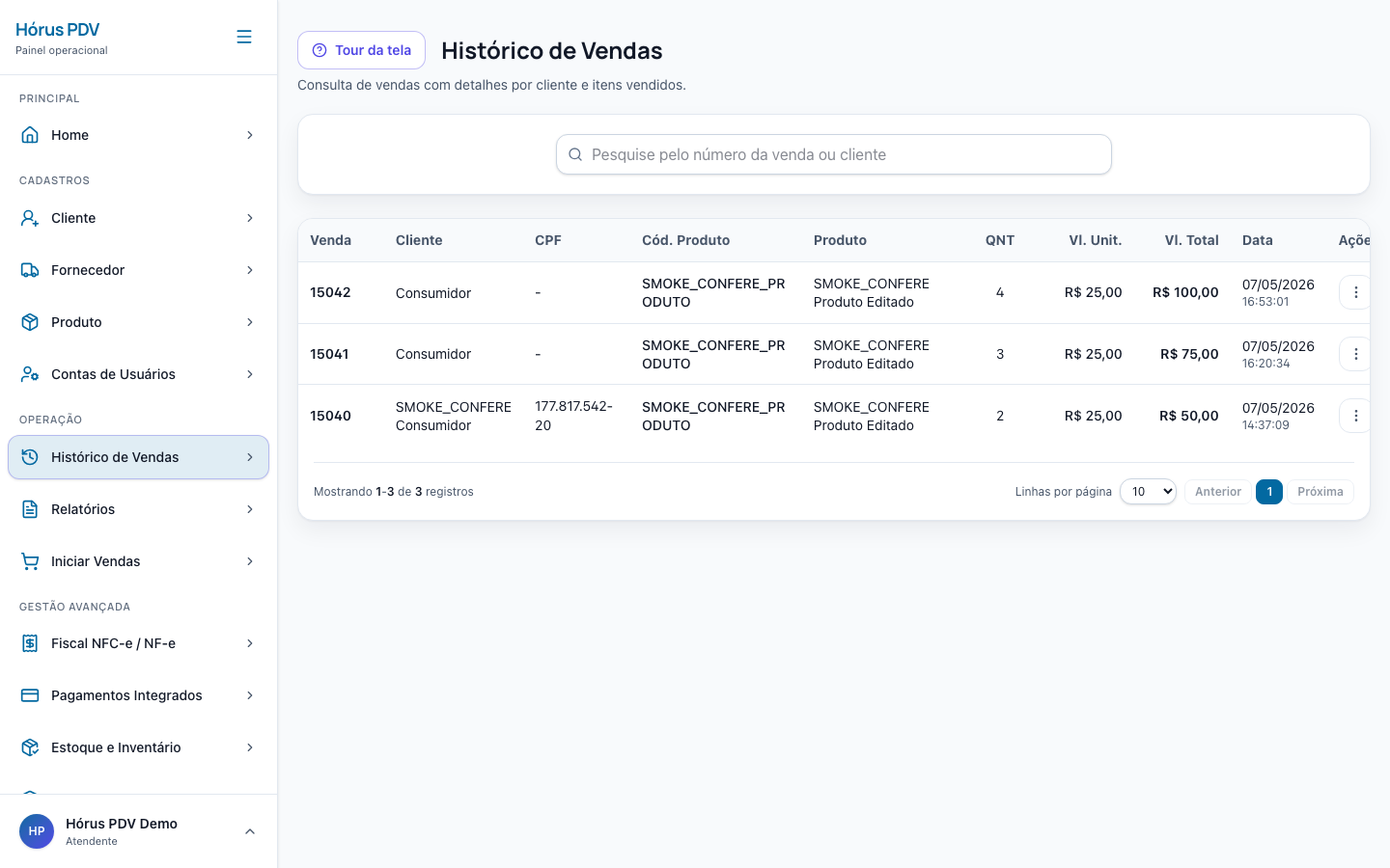 Histórico de vendas do Hórus PDV