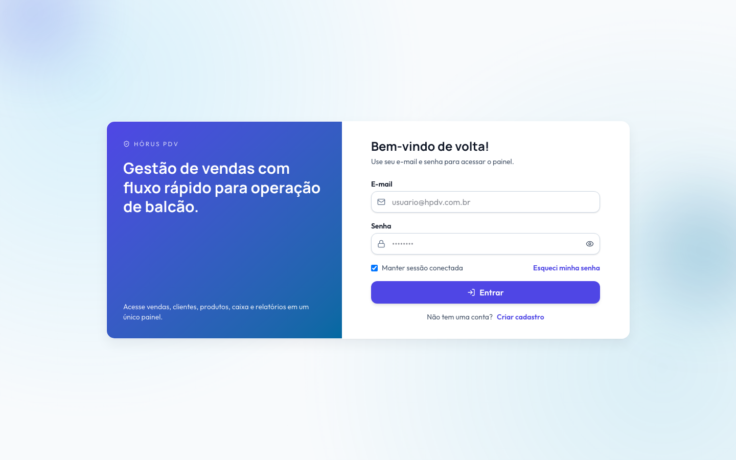 Tela de login do Hórus PDV