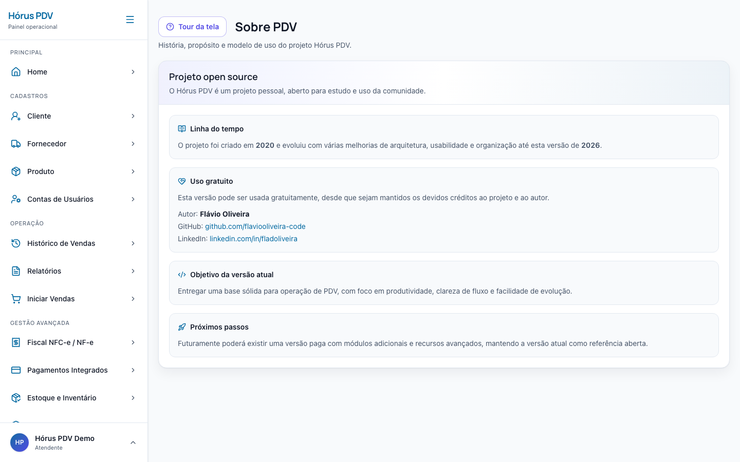 Página Sobre PDV do Hórus PDV