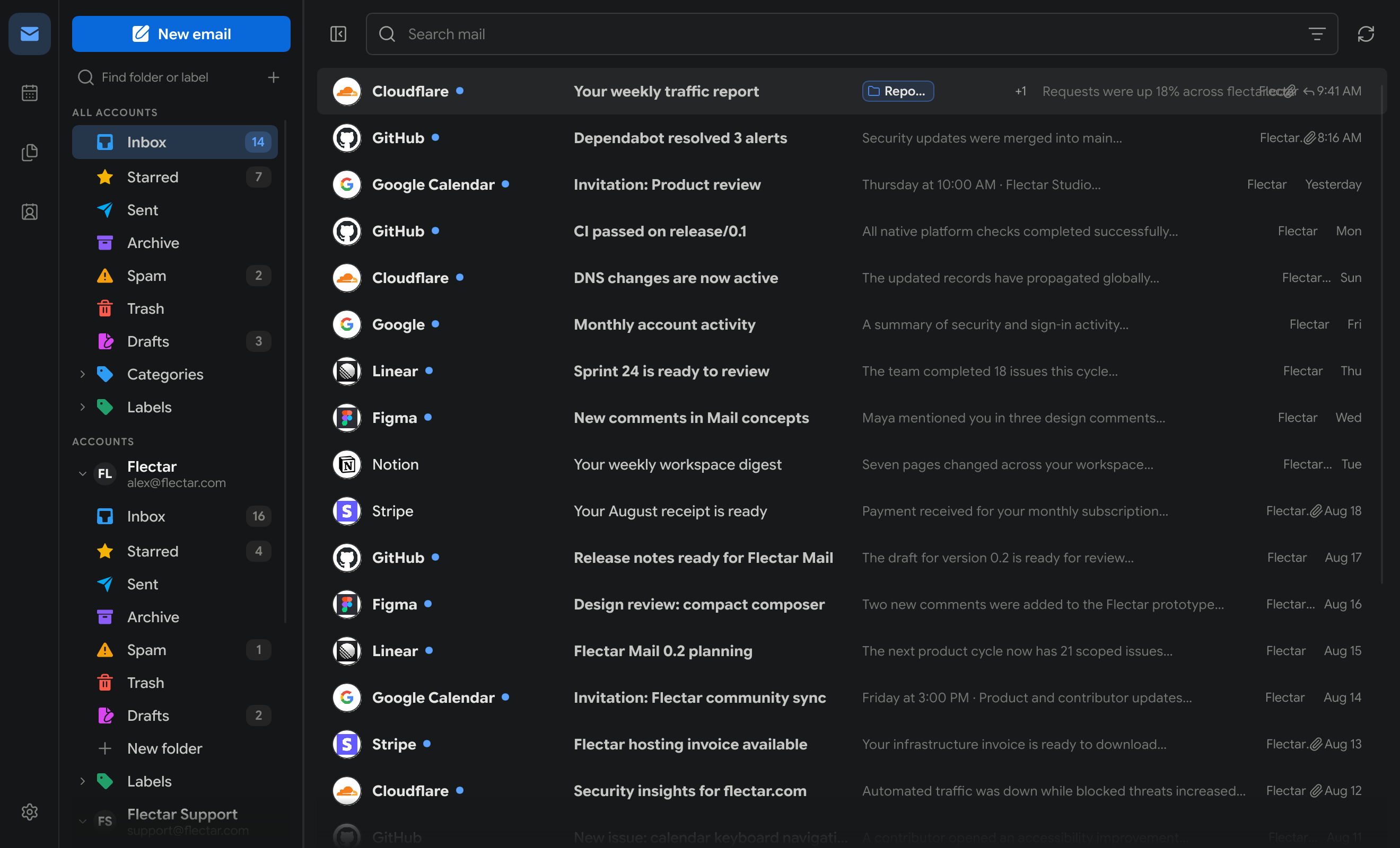 Flectar Mail minimal desktop workspace in dark mode