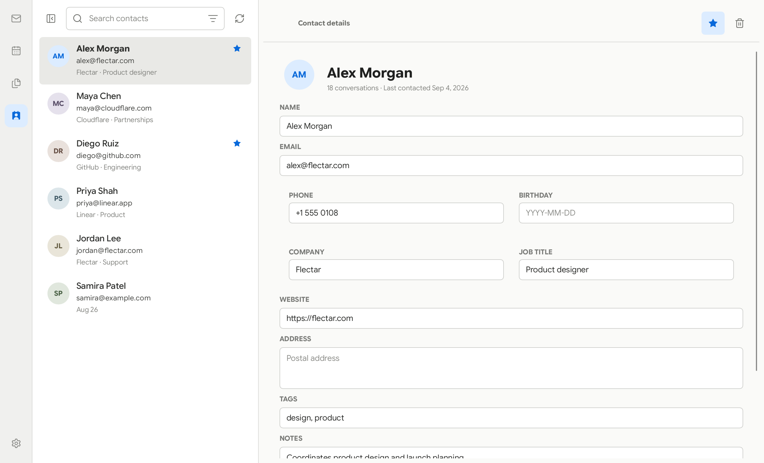 Flectar Mail contacts