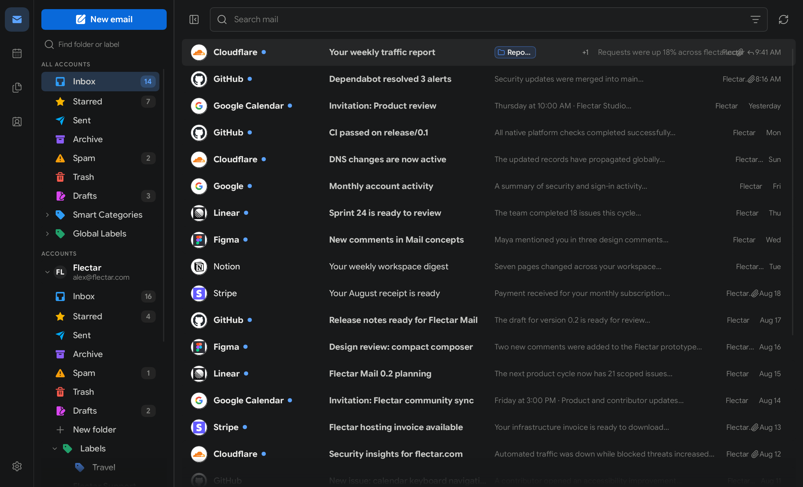 Flectar Mail minimal desktop workspace in dark mode