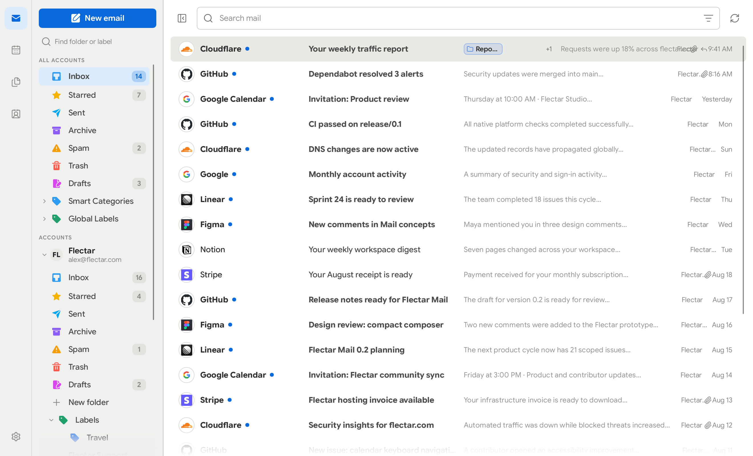 Flectar Mail minimal desktop workspace in light mode