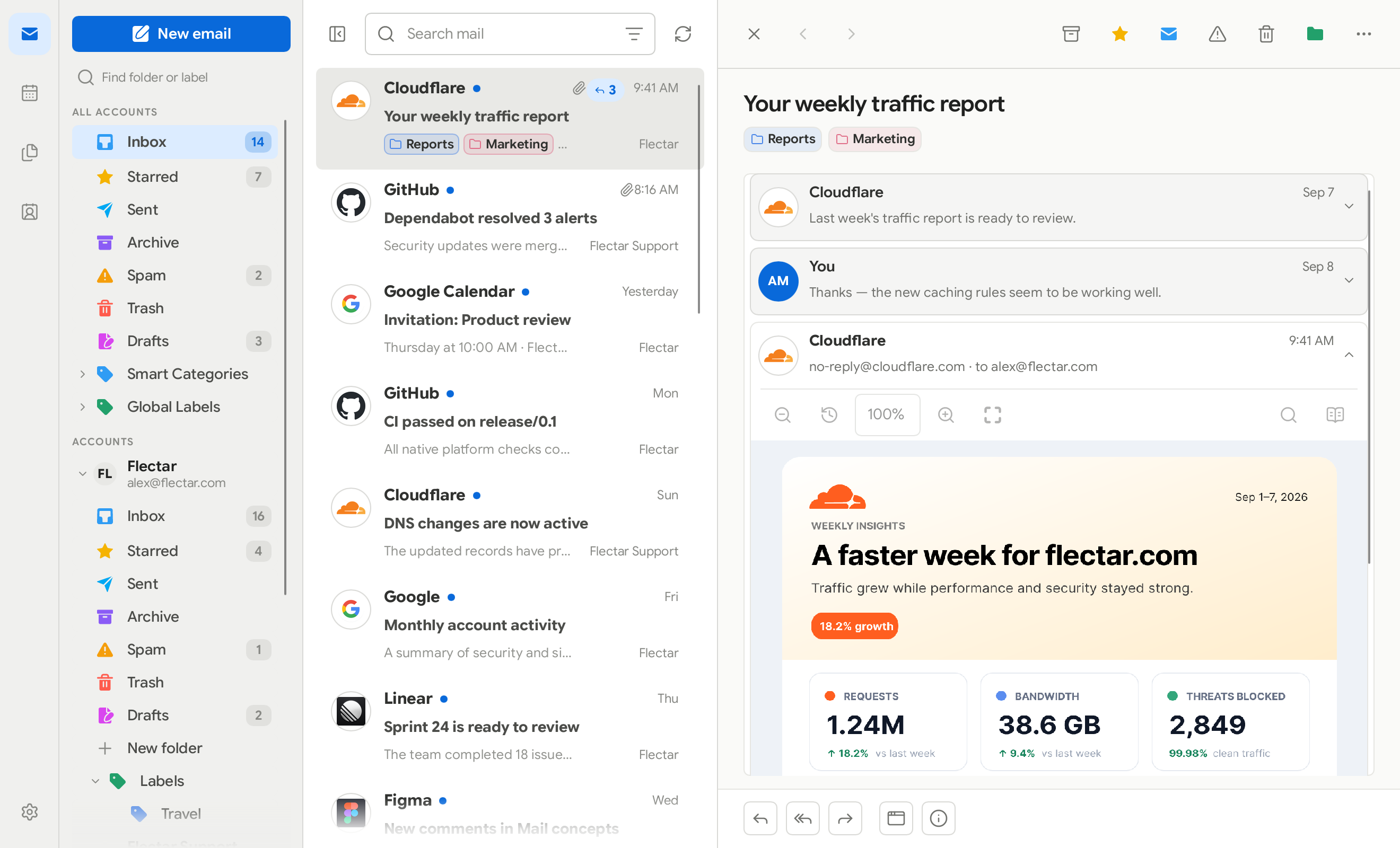 Flectar Mail conversation with incoming and replied messages
