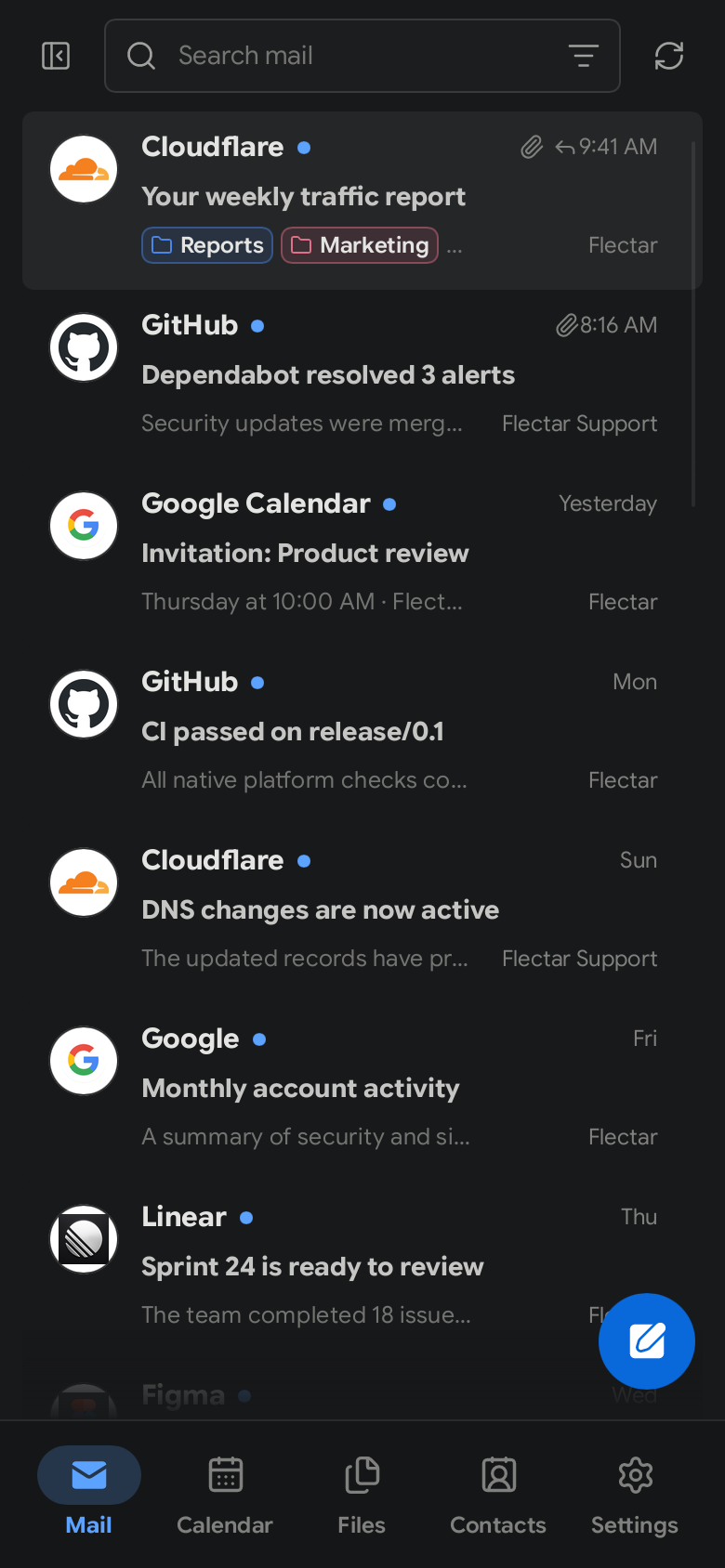 Flectar Mail mobile inbox in dark mode