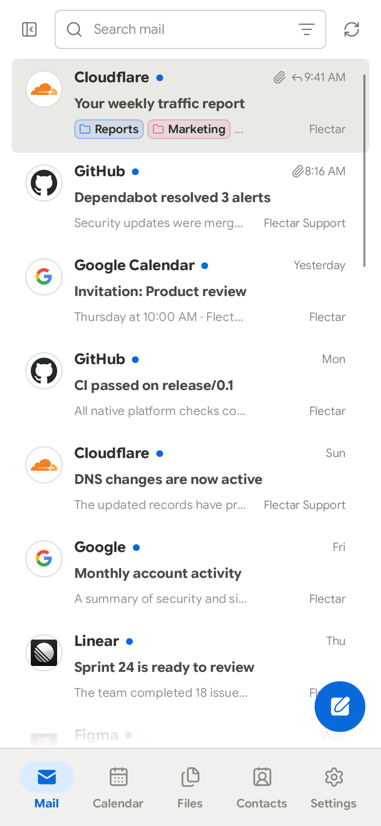 Flectar Mail mobile inbox in light mode