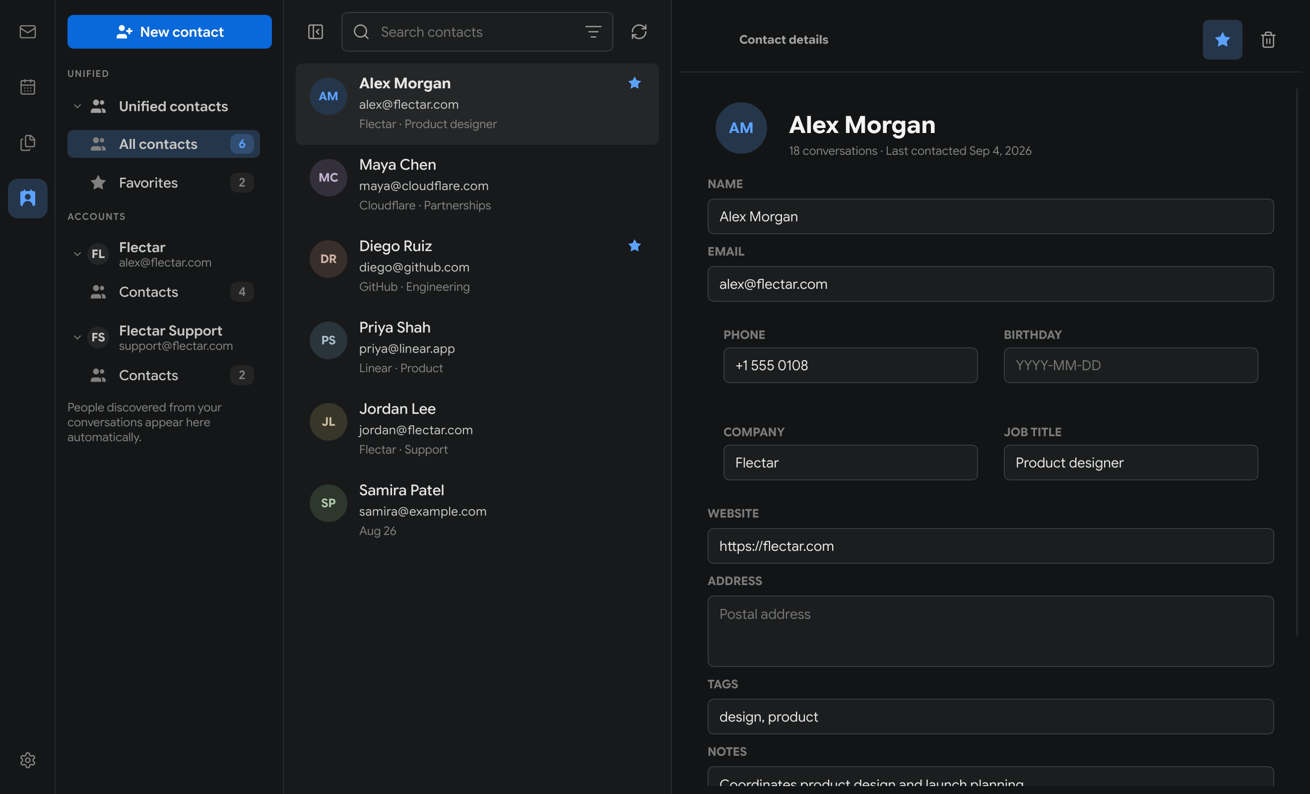 Flectar Mail contacts view