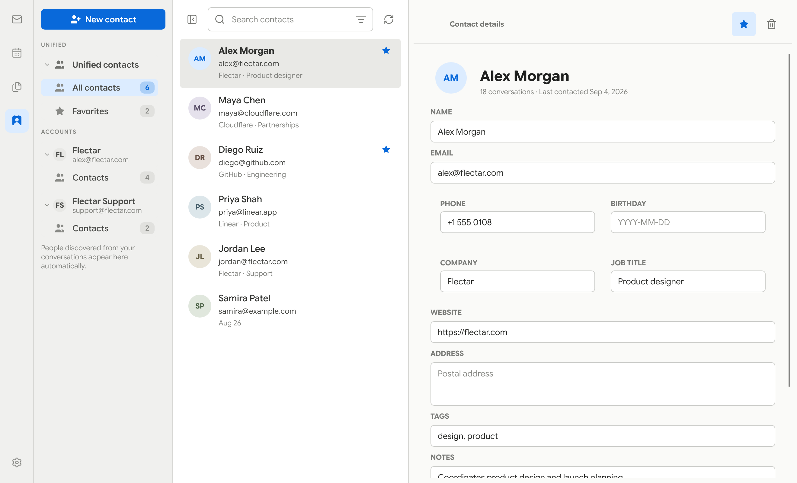 Flectar Mail contacts view