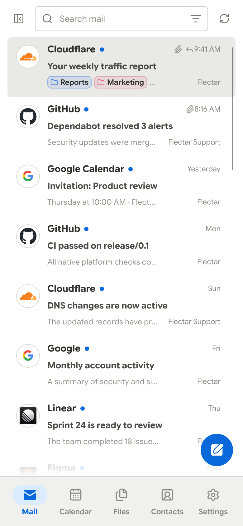 Flectar Mail mobile inbox in light mode